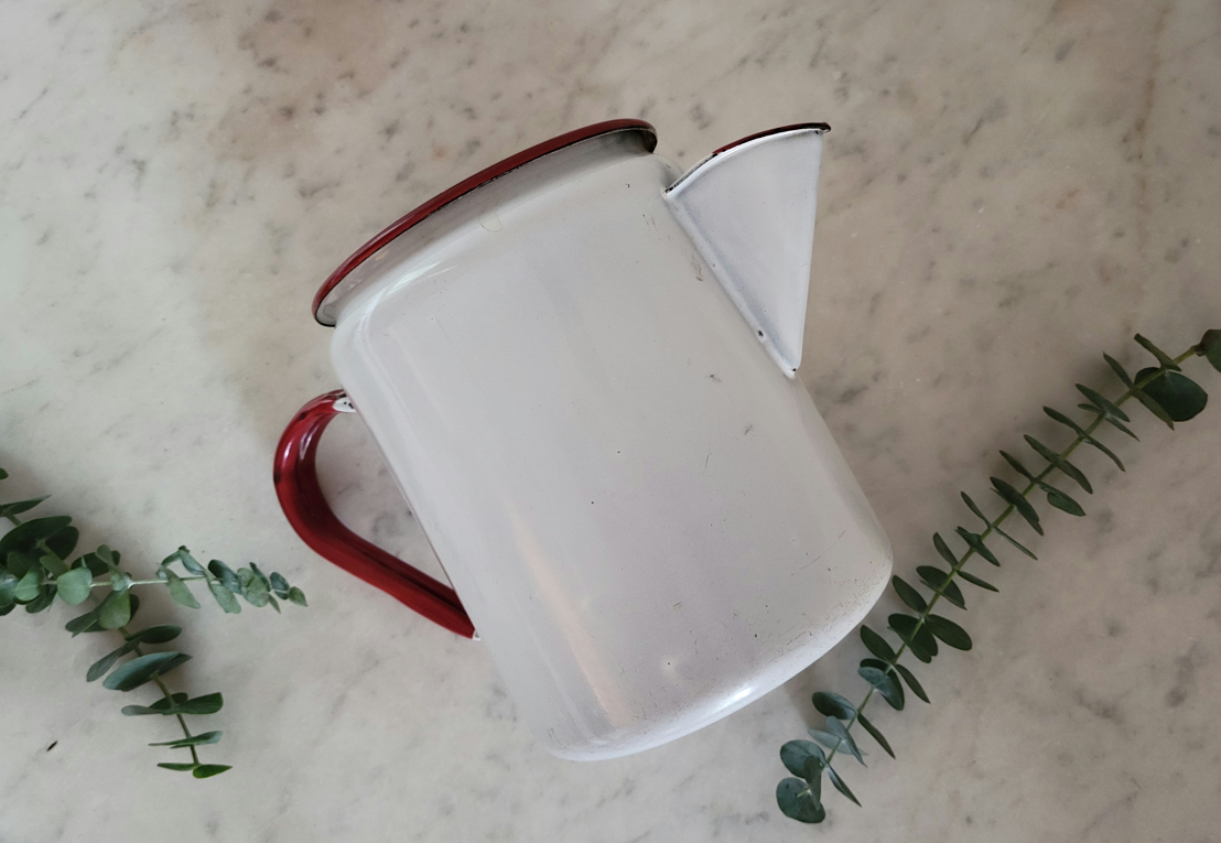 Red and White Enamelware Coffee Pot